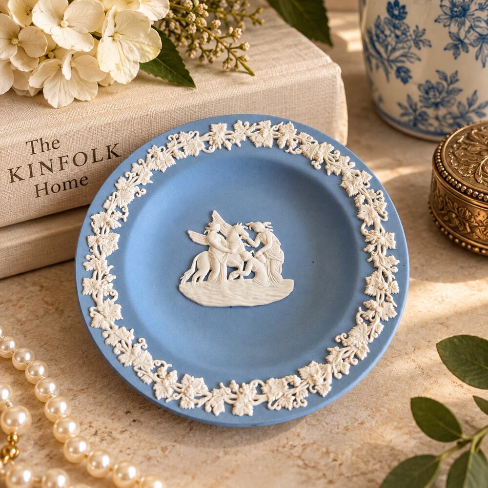 Wedgwood Blue Jasperware Pegasus & Classical Figures 4.5" Pin Dish England
